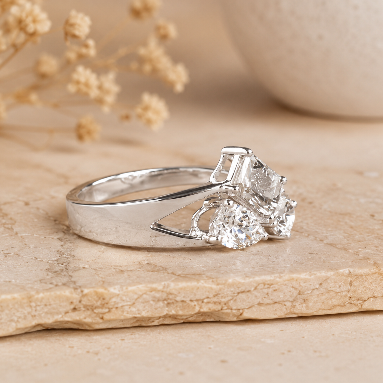 2.50 CT Multi Shape Lab-Grown Diamond Three-Stone Engagement Ring in 14K White Gold – Antique Trilogy Vintage Design