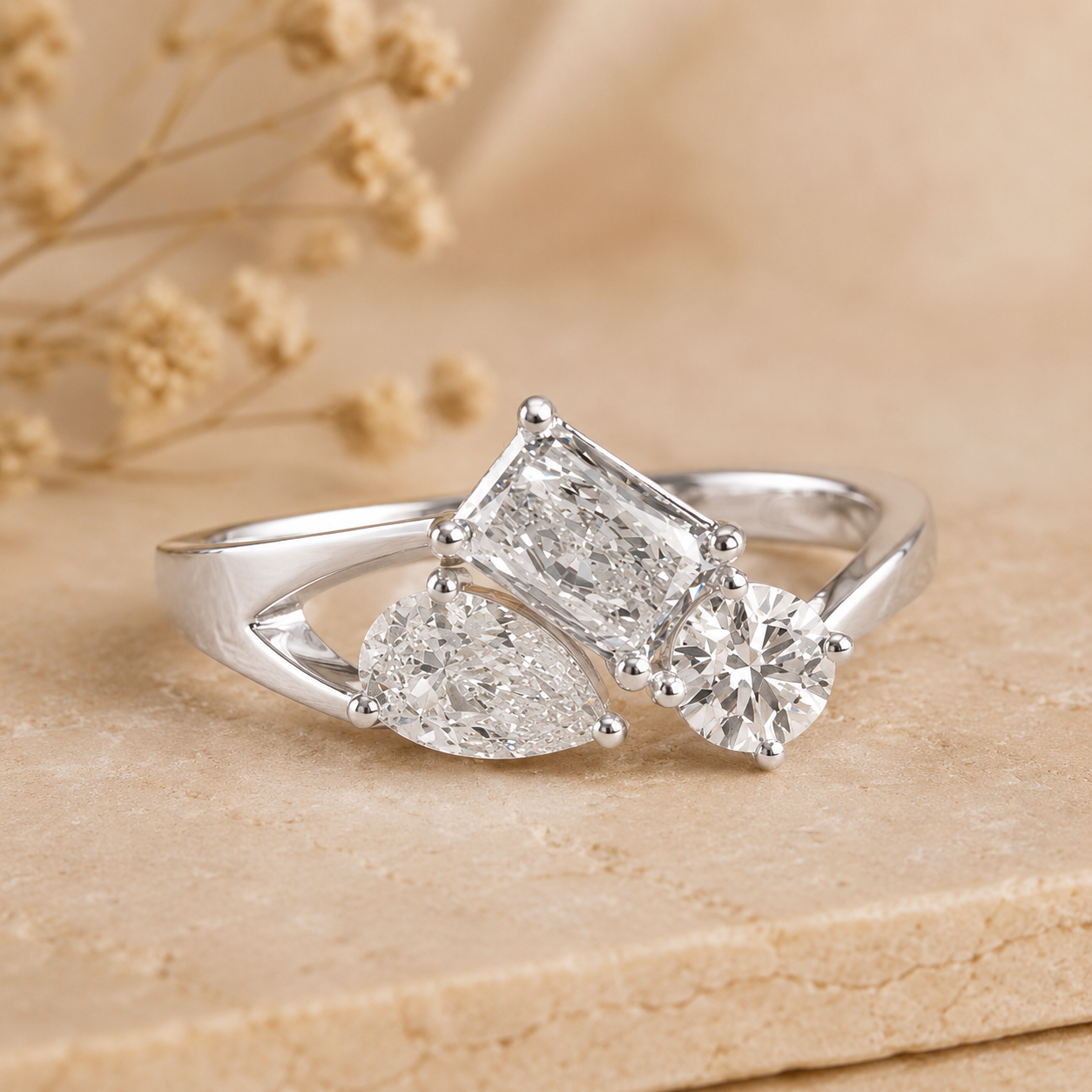 2.50 CT Multi Shape Lab-Grown Diamond Three-Stone Engagement Ring in 14K White Gold – Antique Trilogy Vintage Design