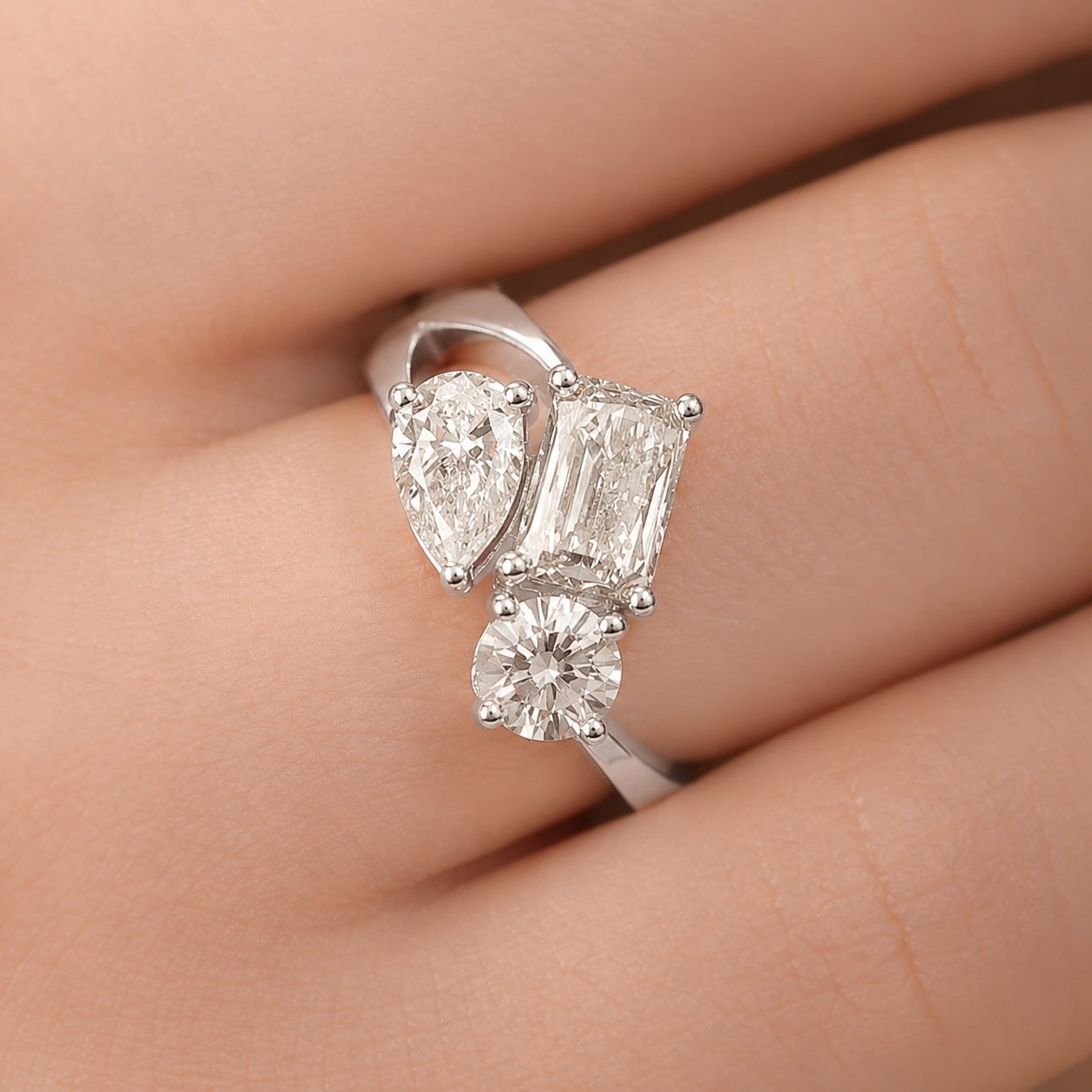 2.50 CT Multi Shape Lab-Grown Diamond Three-Stone Engagement Ring in 14K White Gold – Antique Trilogy Vintage Design