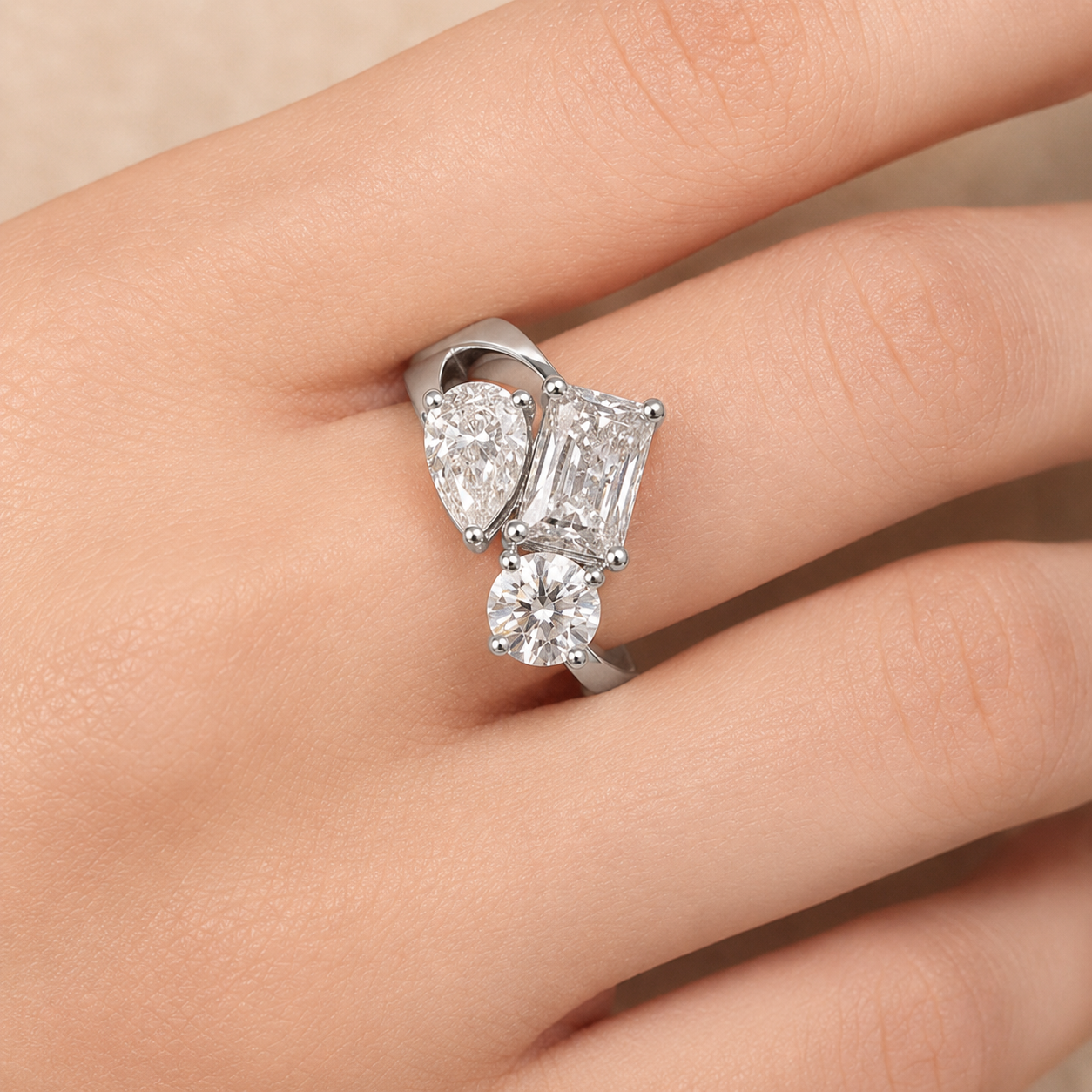 2.50 CT Multi Shape Lab-Grown Diamond Three-Stone Engagement Ring in 14K White Gold – Antique Trilogy Vintage Design