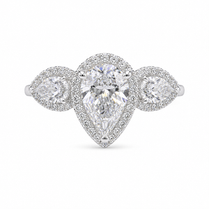 3.10 CT Pear Cut Lab-Grown Diamond Three-Stone Engagement Ring in 14K White Gold – Pear & Round Side Stone Design