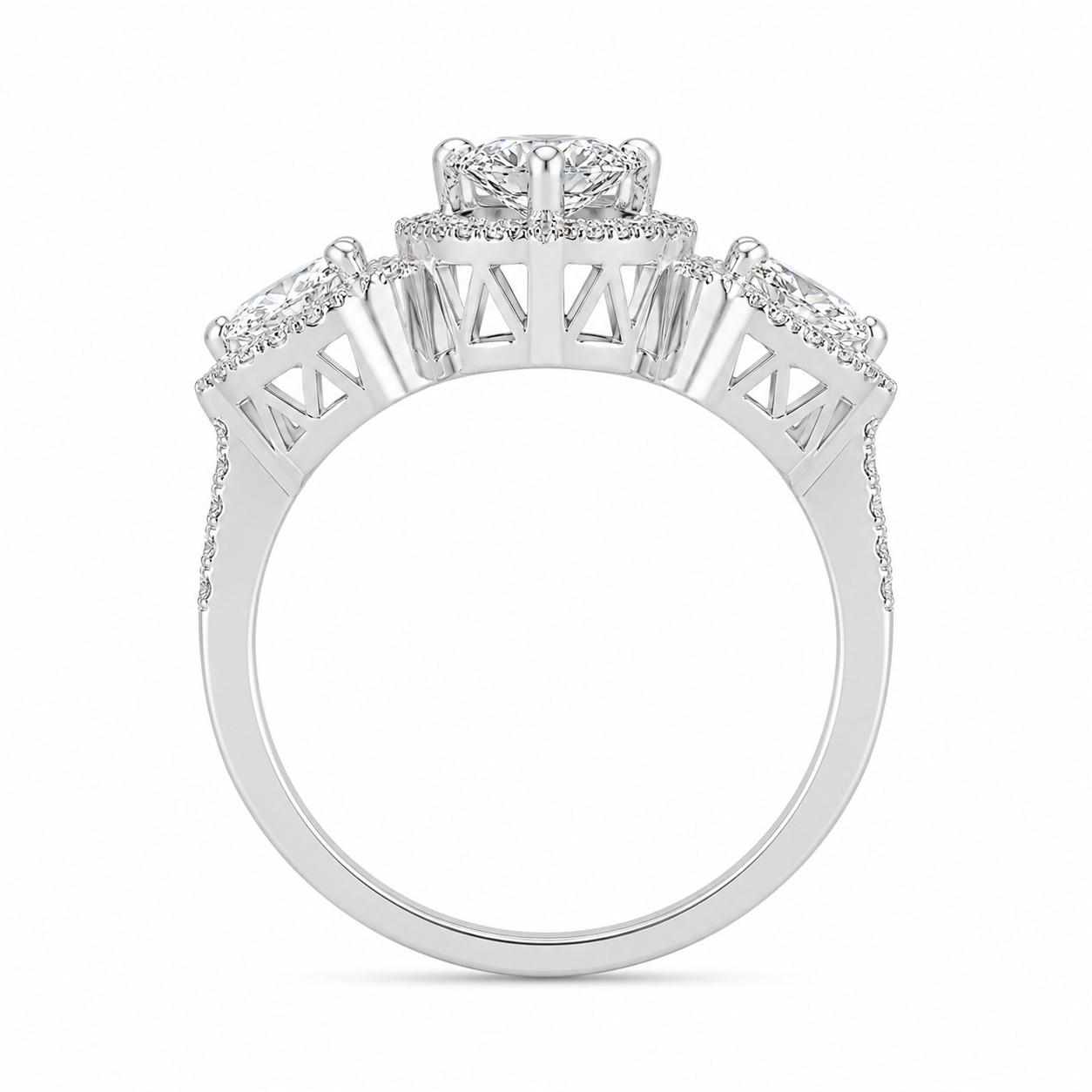 3.10 CT Pear Cut Lab-Grown Diamond Three-Stone Engagement Ring in 14K White Gold – Pear & Round Side Stone Design