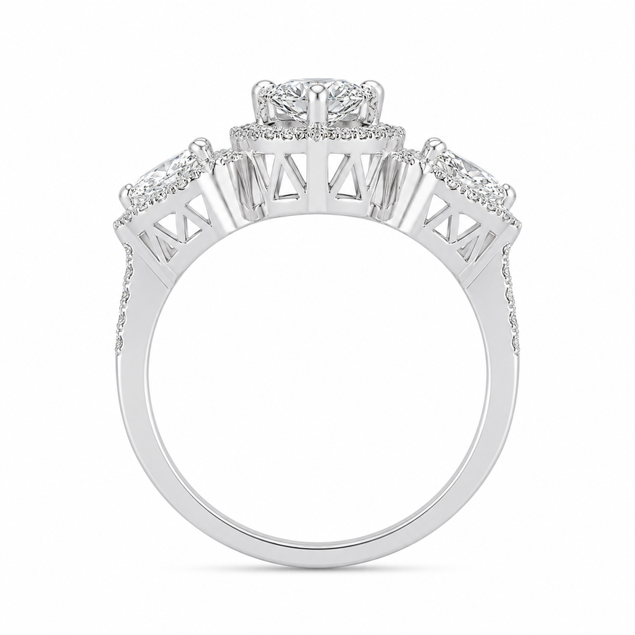 3.10 CT Pear Cut Lab-Grown Diamond Three-Stone Engagement Ring in 14K White Gold – Pear & Round Side Stone Design