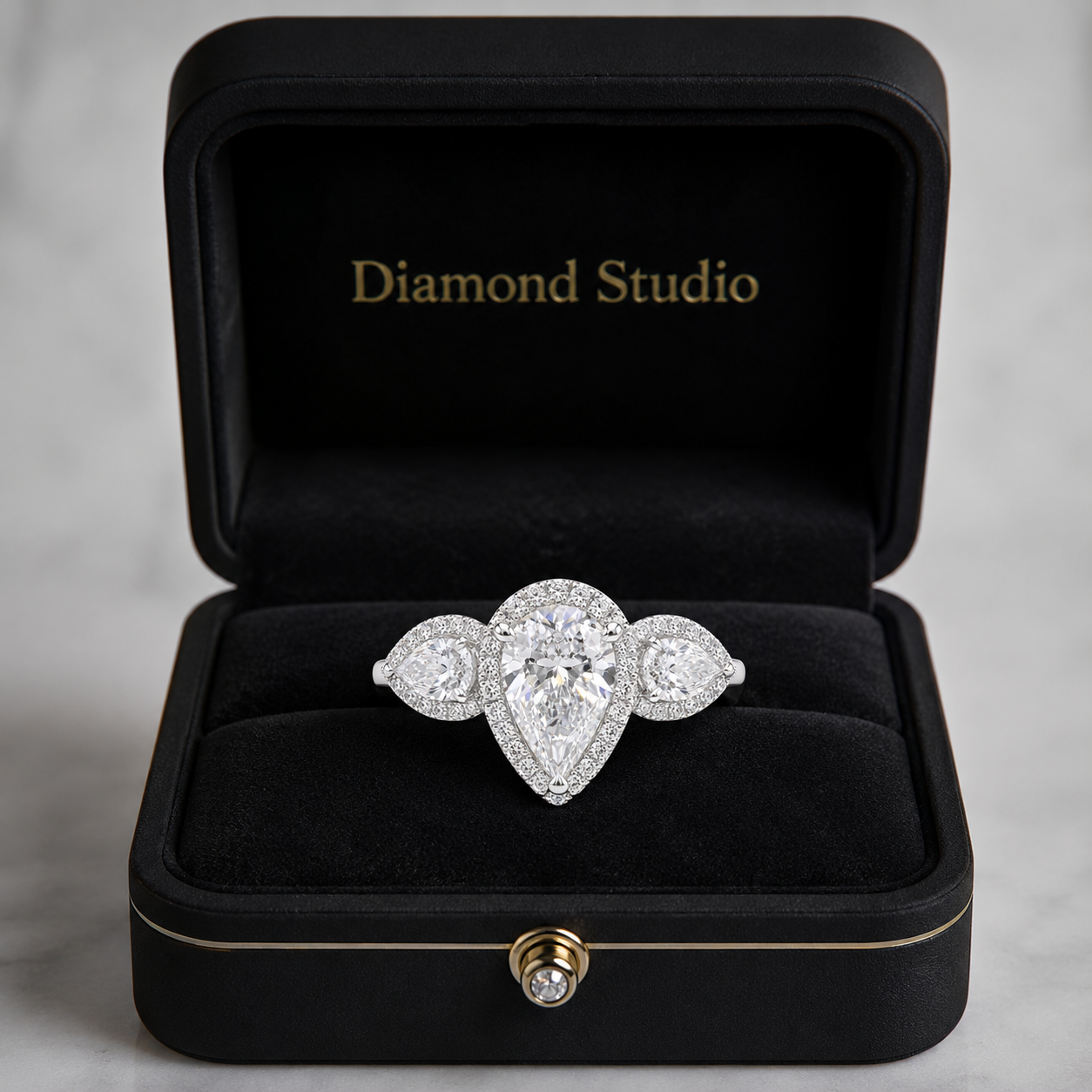 3.10 CT Pear Cut Lab-Grown Diamond Three-Stone Engagement Ring in 14K White Gold – Pear & Round Side Stone Design