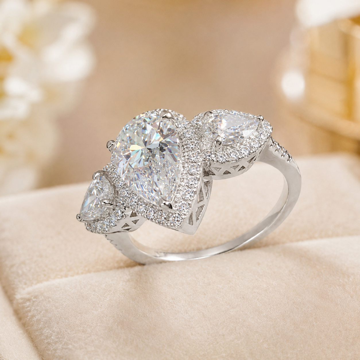 3.10 CT Pear Cut Lab-Grown Diamond Three-Stone Engagement Ring in 14K White Gold – Pear & Round Side Stone Design