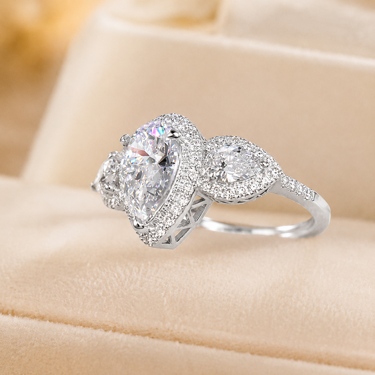 3.10 CT Pear Cut Lab-Grown Diamond Three-Stone Engagement Ring in 14K White Gold – Pear & Round Side Stone Design