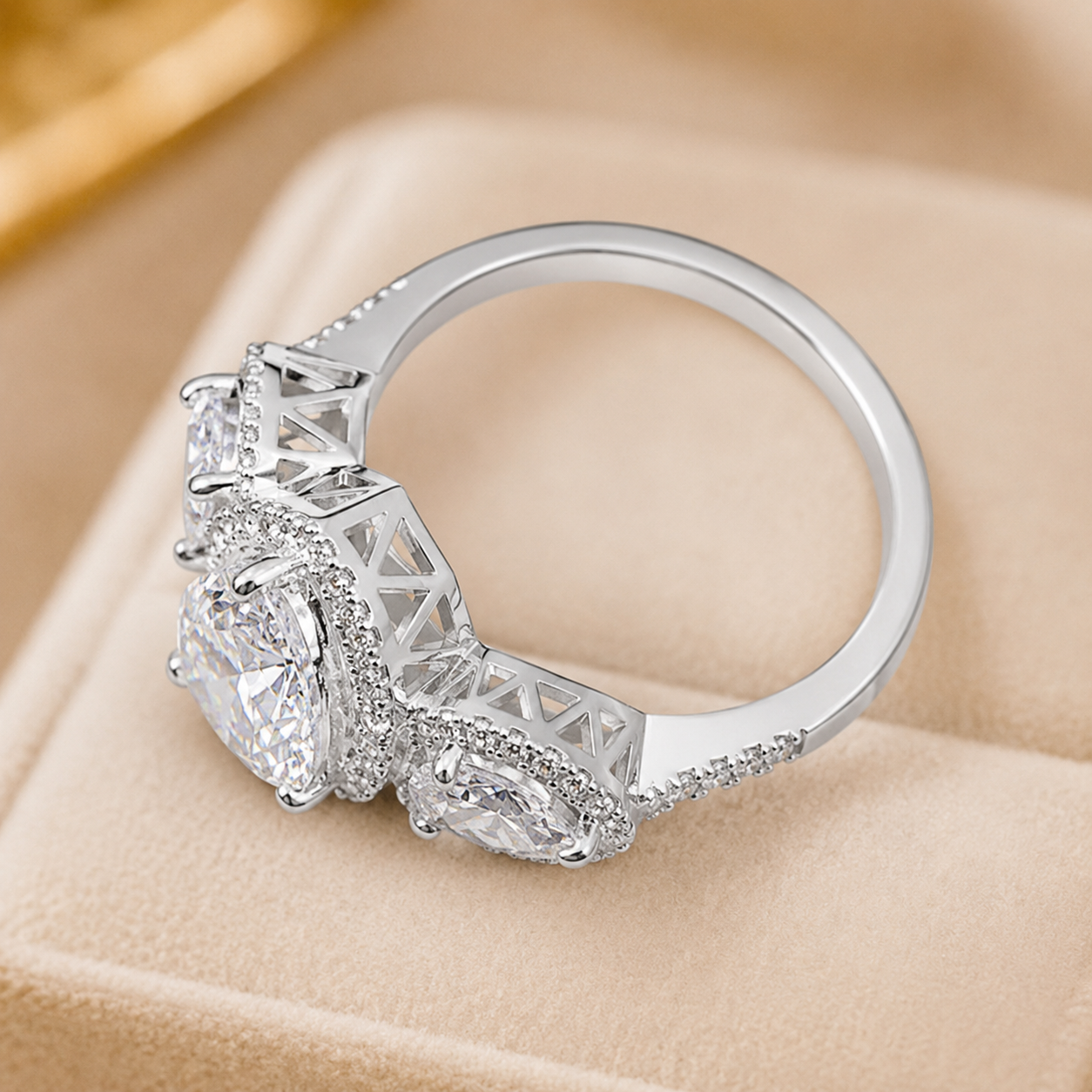 3.10 CT Pear Cut Lab-Grown Diamond Three-Stone Engagement Ring in 14K White Gold – Pear & Round Side Stone Design