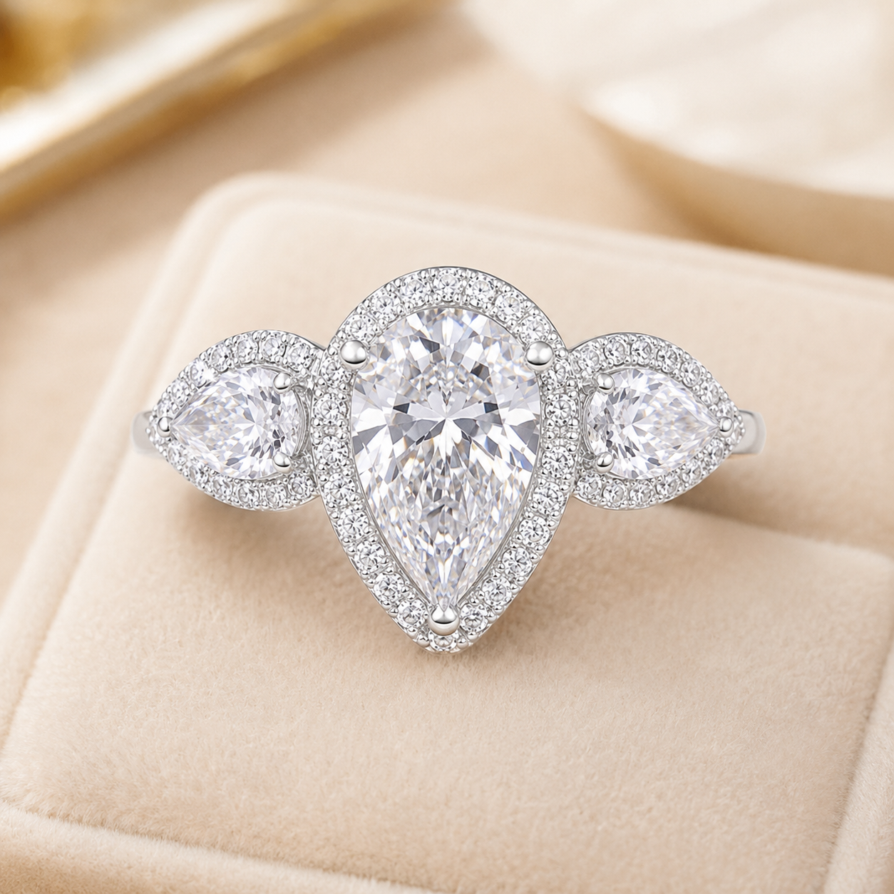 3.10 CT Pear Cut Lab-Grown Diamond Three-Stone Engagement Ring in 14K White Gold – Pear & Round Side Stone Design