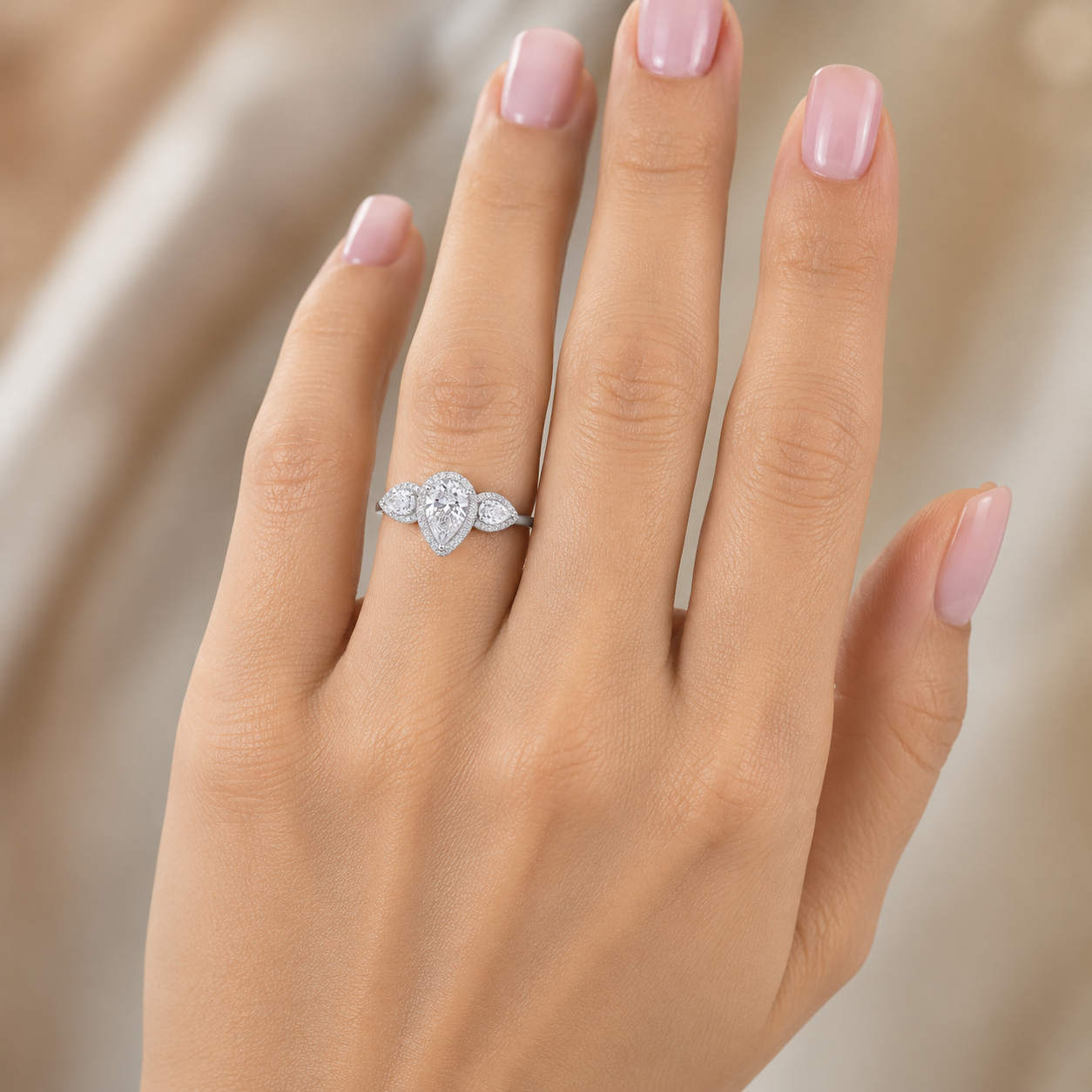 3.10 CT Pear Cut Lab-Grown Diamond Three-Stone Engagement Ring in 14K White Gold – Pear & Round Side Stone Design