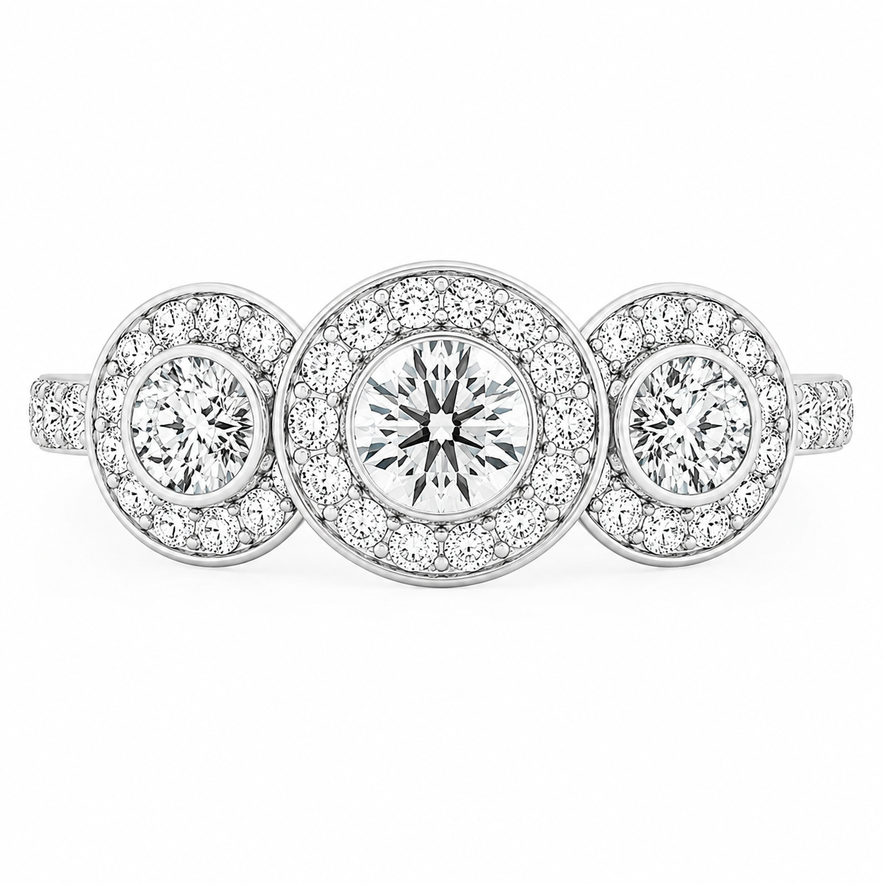 3.00 CT Round Halo Lab-Grown Diamond Three-Stone Engagement Ring in 14K White Gold – Anniversary Wedding Design