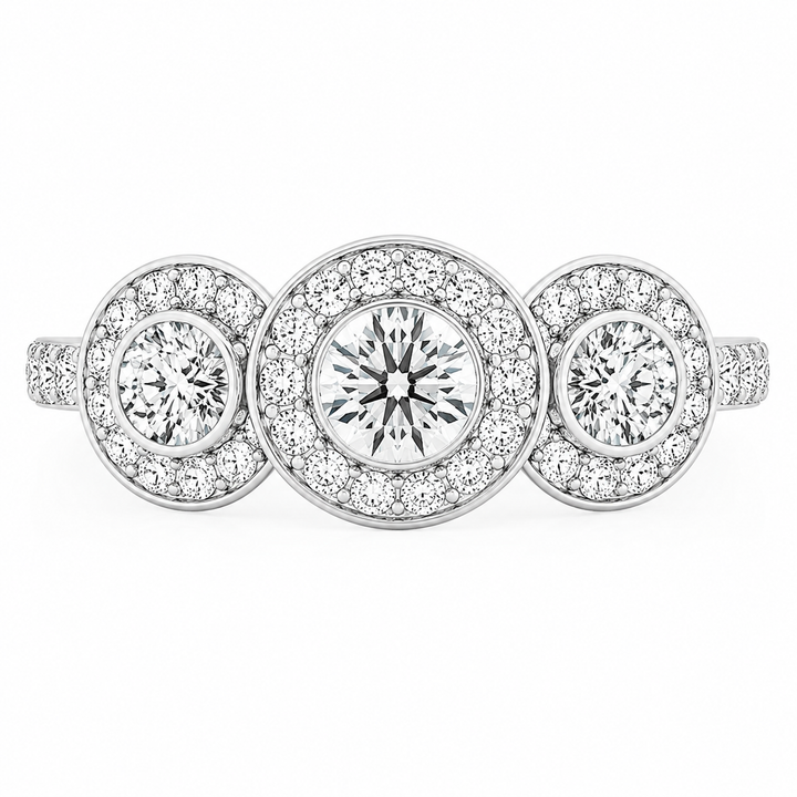 3.00 CT Round Halo Lab-Grown Diamond Three-Stone Engagement Ring in 14K White Gold â€“ Anniversary Wedding Design from Diamond Studio