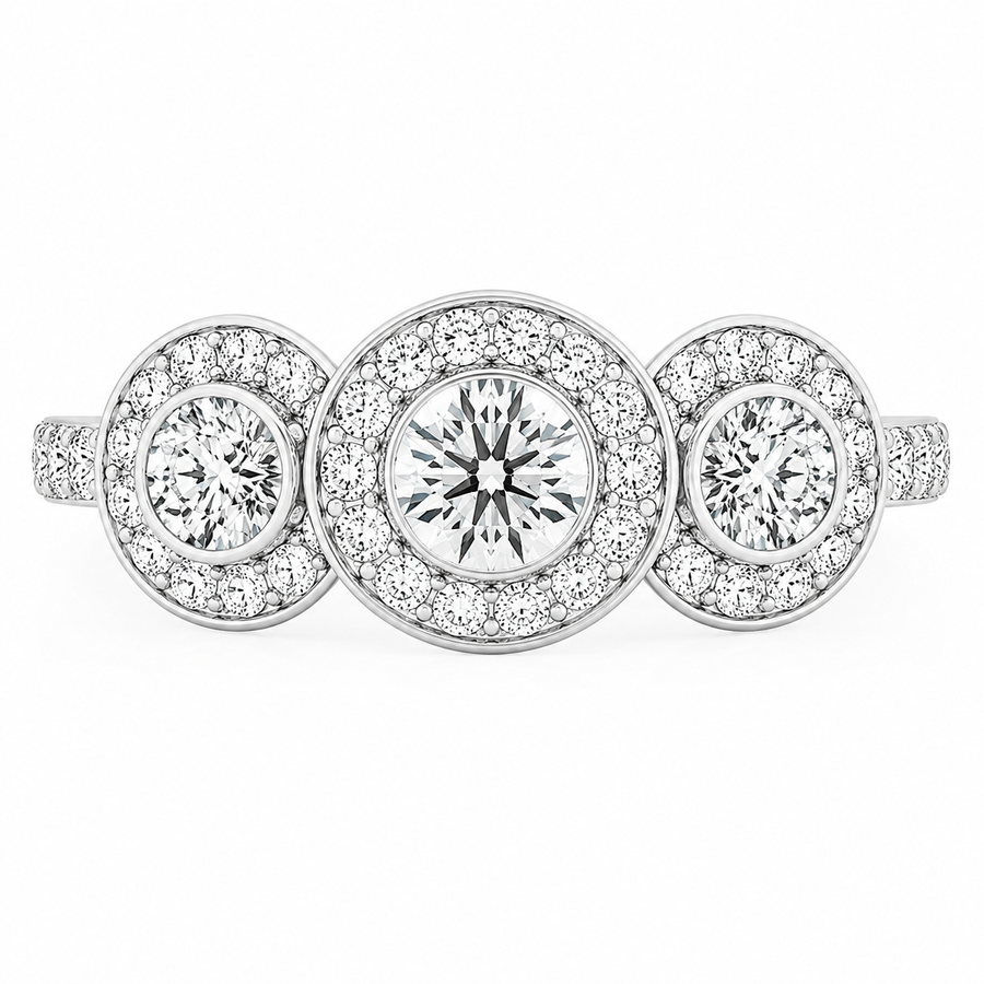 3.00 CT Round Halo Lab-Grown Diamond Three-Stone Engagement Ring in 14K White Gold – Anniversary Wedding Design