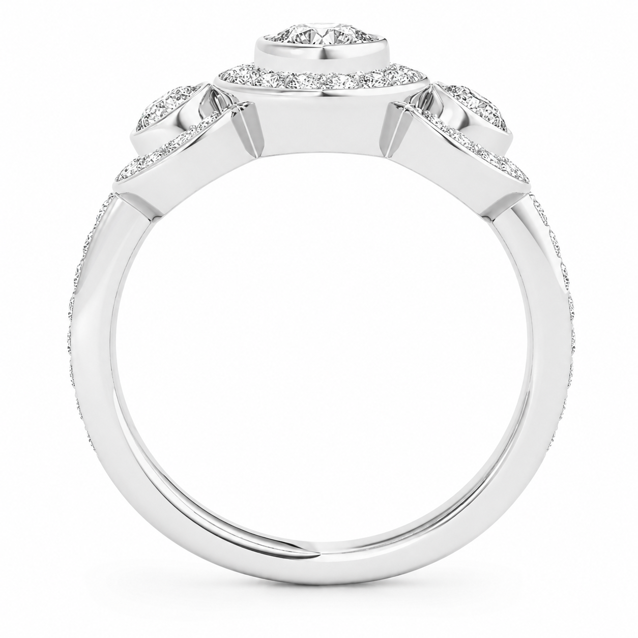 3.00 CT Round Halo Lab-Grown Diamond Three-Stone Engagement Ring in 14K White Gold – Anniversary Wedding Design