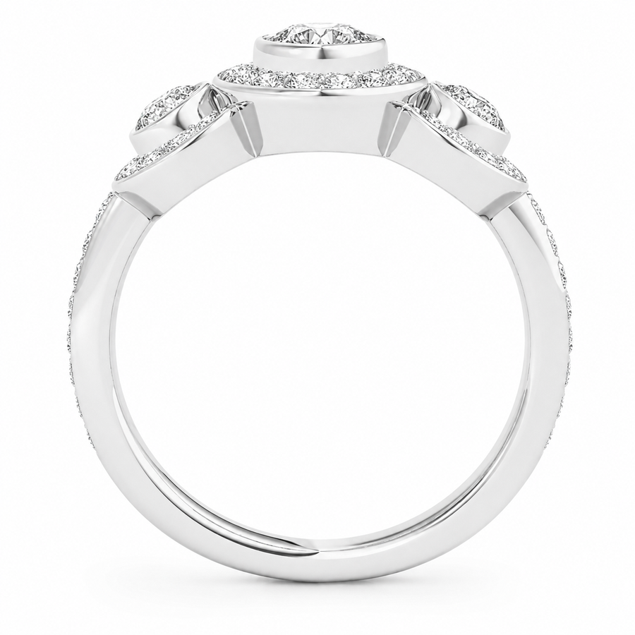 3.00 CT Round Halo Lab-Grown Diamond Three-Stone Engagement Ring in 14K White Gold – Anniversary Wedding Design