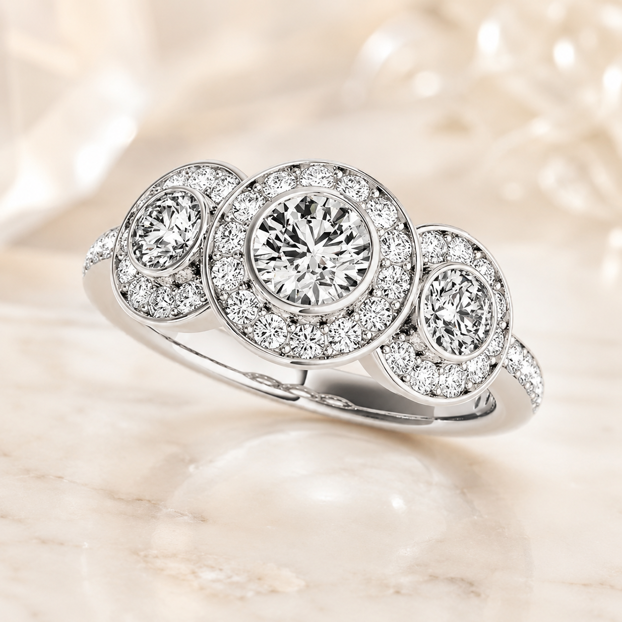 3.00 CT Round Halo Lab-Grown Diamond Three-Stone Engagement Ring in 14K White Gold – Anniversary Wedding Design
