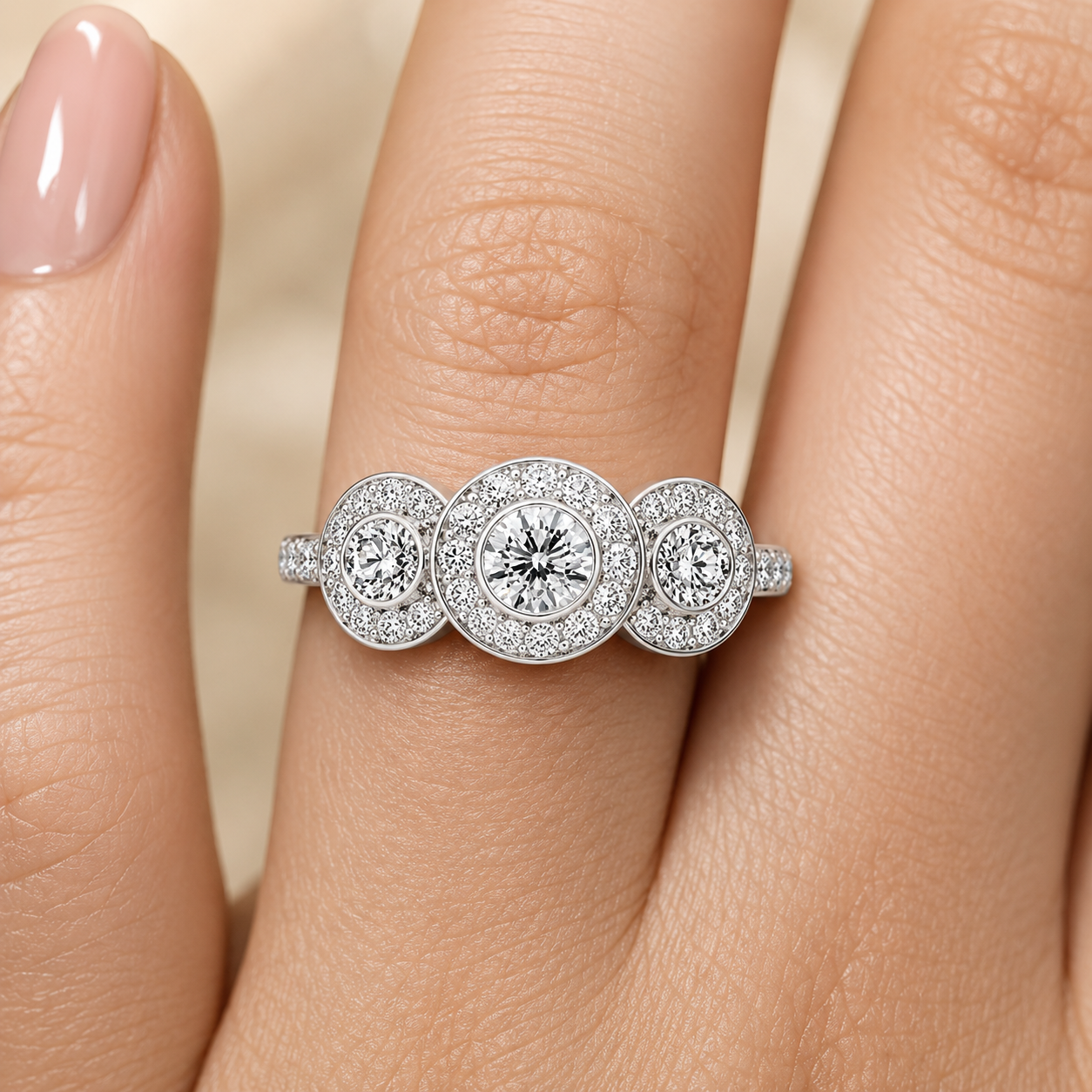 3.00 CT Round Halo Lab-Grown Diamond Three-Stone Engagement Ring in 14K White Gold – Anniversary Wedding Design