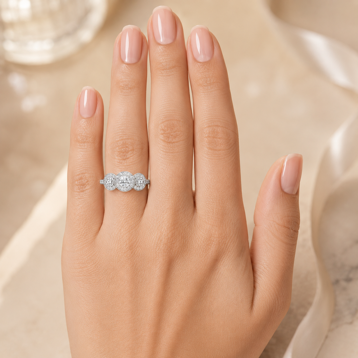 3.00 CT Round Halo Lab-Grown Diamond Three-Stone Engagement Ring in 14K White Gold – Anniversary Wedding Design