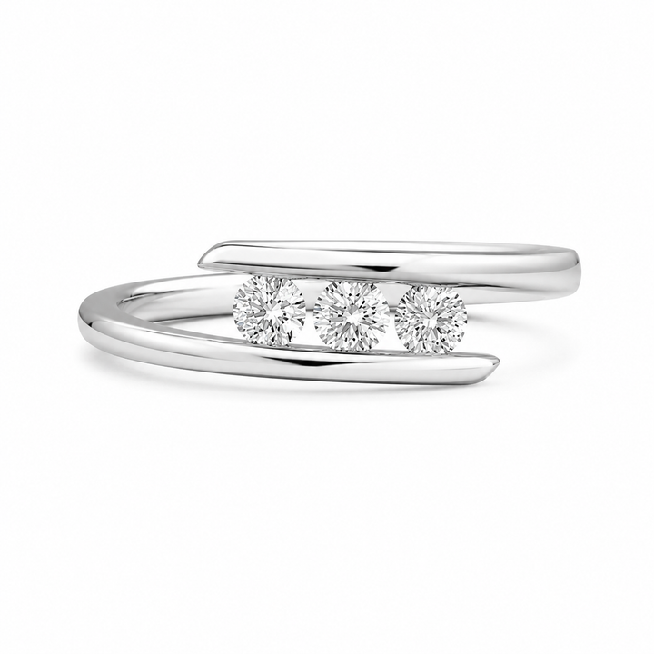 1.00 CT Round Lab-Grown Diamond Three-Stone Bypass Ring in 14K White Gold â€“ Custom Wedding Gift Design from Diamond Studio