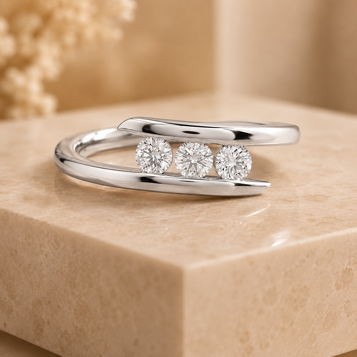 1.00 CT Round Lab-Grown Diamond Three-Stone Bypass Ring in 14K White Gold – Custom Wedding Gift Design