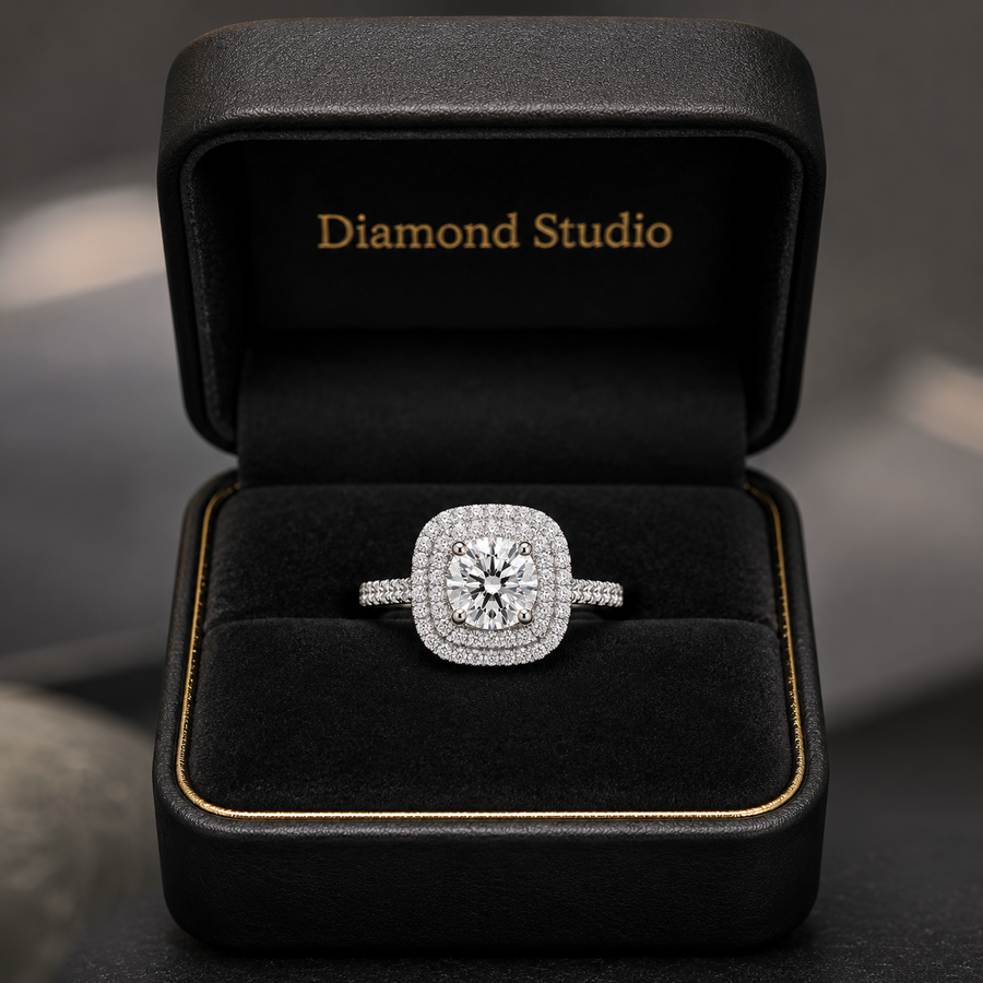 4.00 CT Cushion Cut Lab-Grown Diamond Double Halo Engagement Ring in 14K White Gold – Square Halo Bridal Design