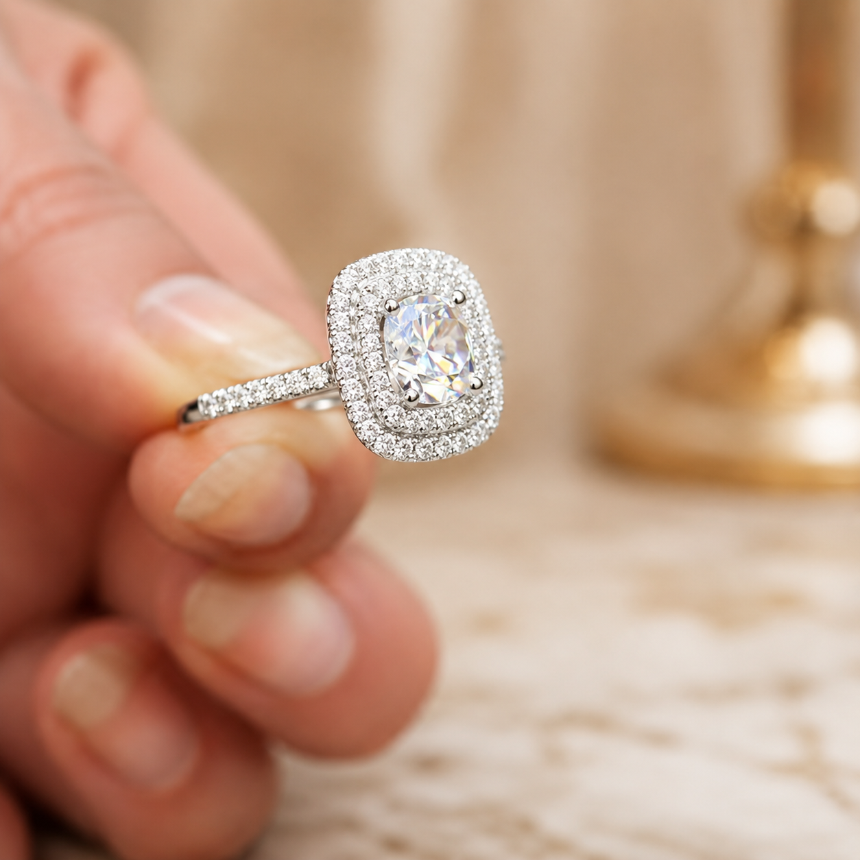 4.00 CT Cushion Cut Lab-Grown Diamond Double Halo Engagement Ring in 14K White Gold – Square Halo Bridal Design