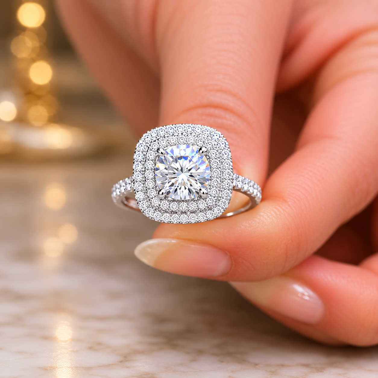 4.00 CT Cushion Cut Lab-Grown Diamond Double Halo Engagement Ring in 14K White Gold – Square Halo Bridal Design
