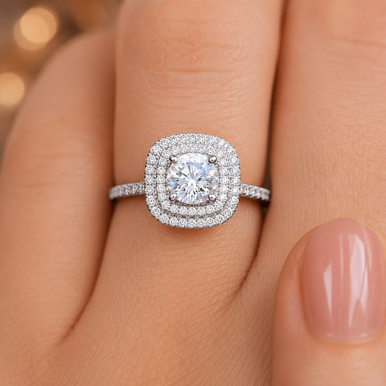 4.00 CT Cushion Cut Lab-Grown Diamond Double Halo Engagement Ring in 14K White Gold – Square Halo Bridal Design