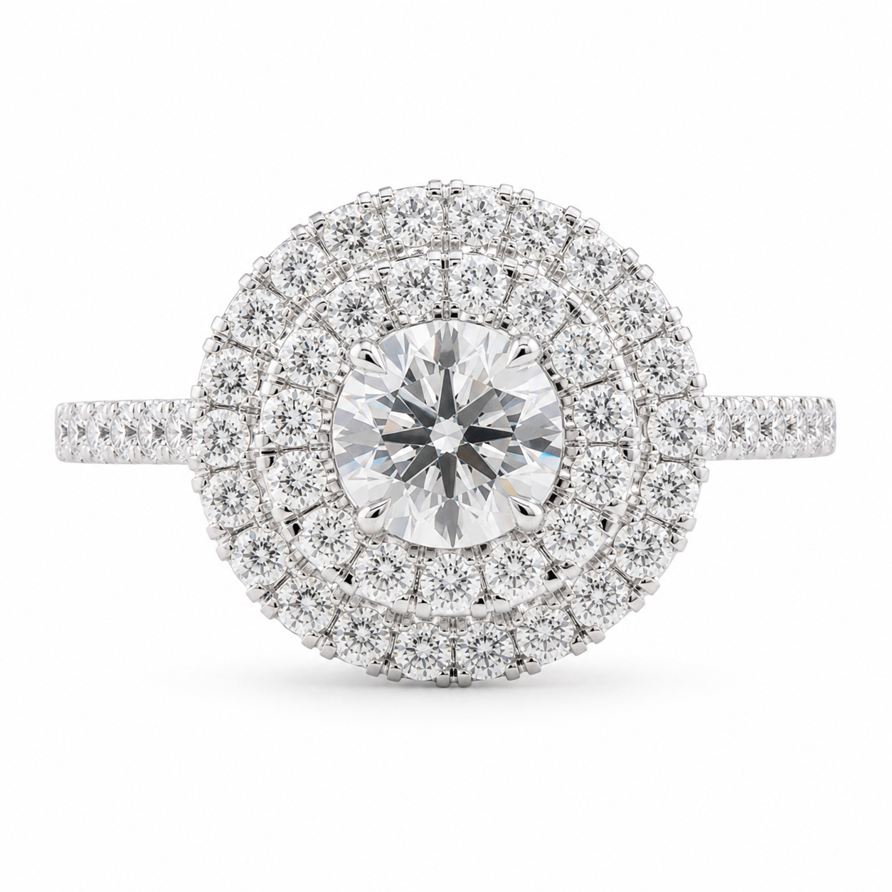 1.37 CT Round Hearts & Arrows Lab-Grown Diamond Double Halo Engagement Ring in 14K White Gold – Handmade Anniversary Design
