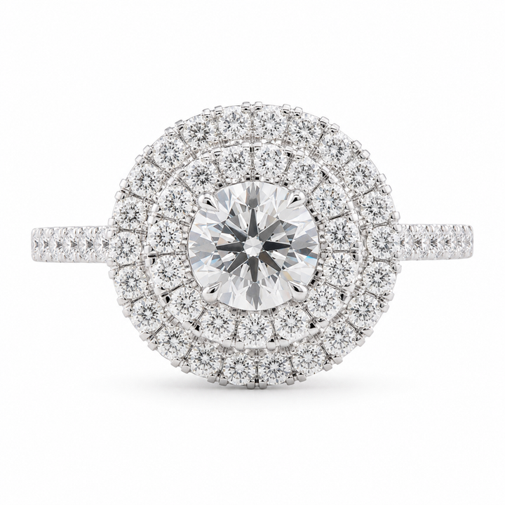 1.37 CT Round Hearts & Arrows Lab-Grown Diamond Double Halo Engagement Ring in 14K White Gold â€“ Handmade Anniversary Design from Diamond Studio