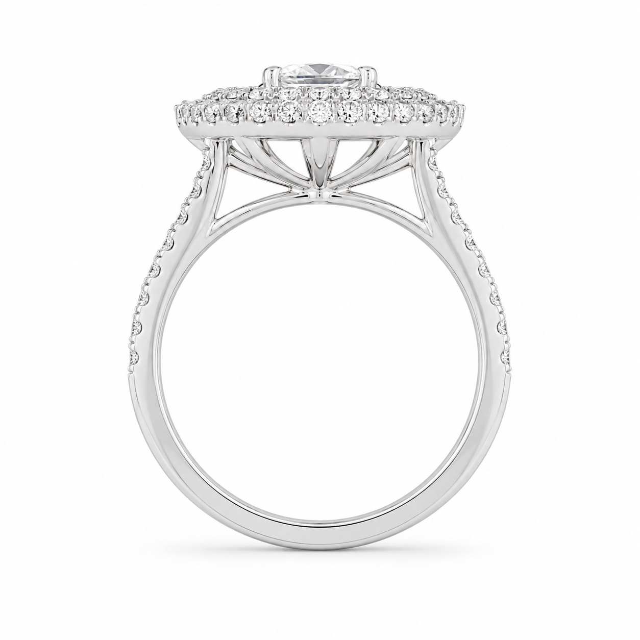 1.37 CT Round Hearts & Arrows Lab-Grown Diamond Double Halo Engagement Ring in 14K White Gold – Handmade Anniversary Design