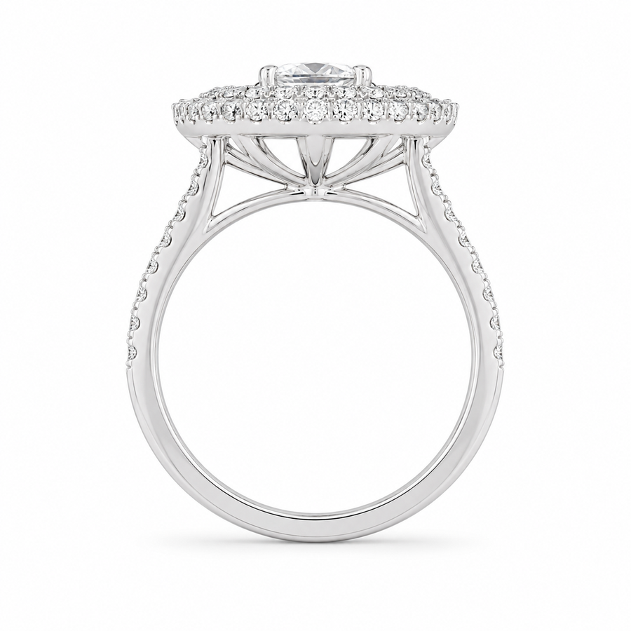 1.37 CT Round Hearts & Arrows Lab-Grown Diamond Double Halo Engagement Ring in 14K White Gold – Handmade Anniversary Design