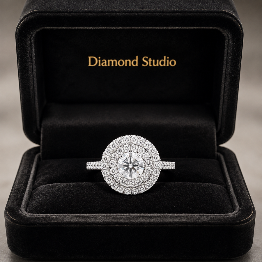 1.37 CT Round Hearts & Arrows Lab-Grown Diamond Double Halo Engagement Ring in 14K White Gold – Handmade Anniversary Design