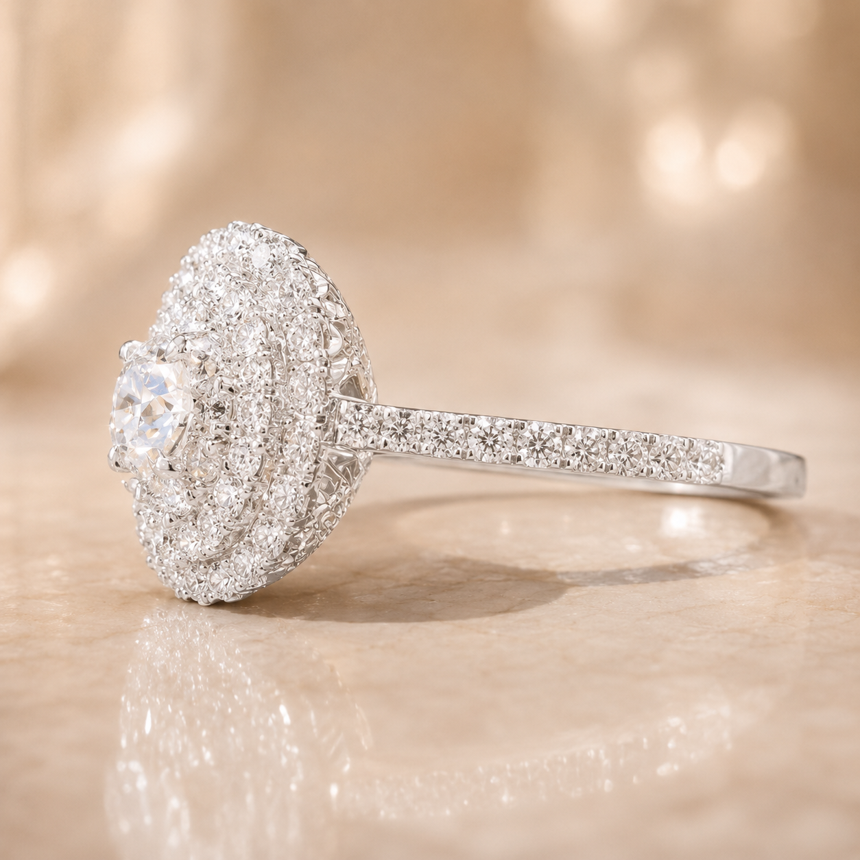 1.37 CT Round Hearts & Arrows Lab-Grown Diamond Double Halo Engagement Ring in 14K White Gold – Handmade Anniversary Design