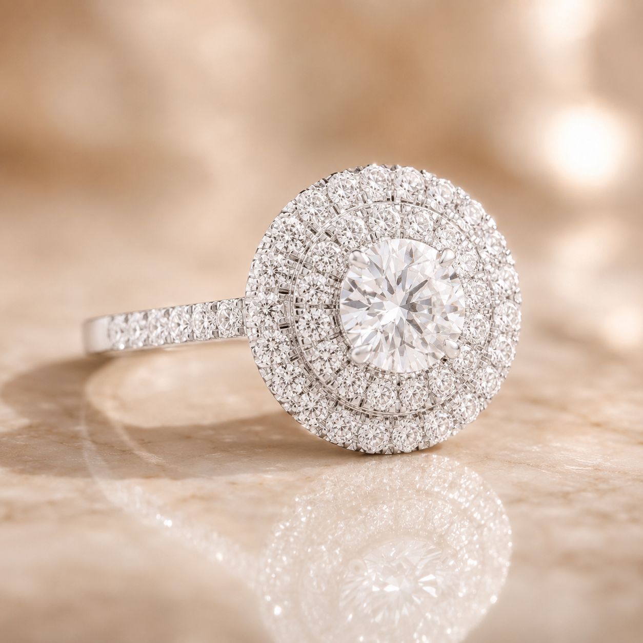 1.37 CT Round Hearts & Arrows Lab-Grown Diamond Double Halo Engagement Ring in 14K White Gold – Handmade Anniversary Design