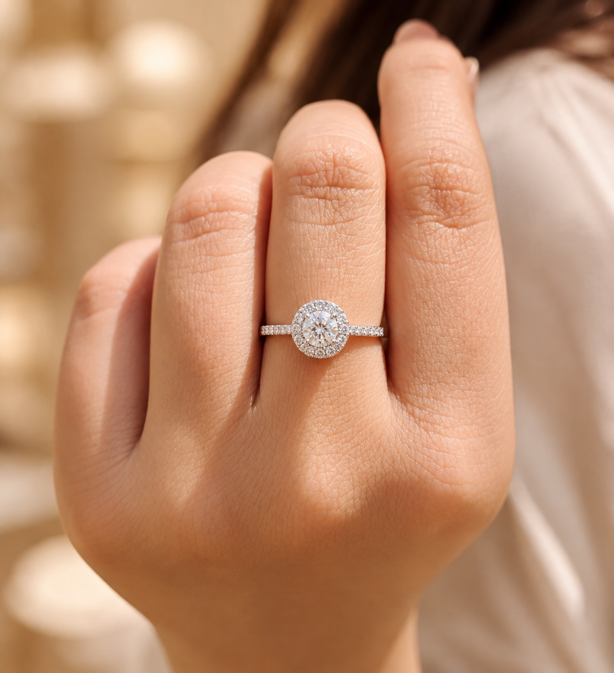1.37 CT Round Hearts & Arrows Lab-Grown Diamond Double Halo Engagement Ring in 14K White Gold – Handmade Anniversary Design