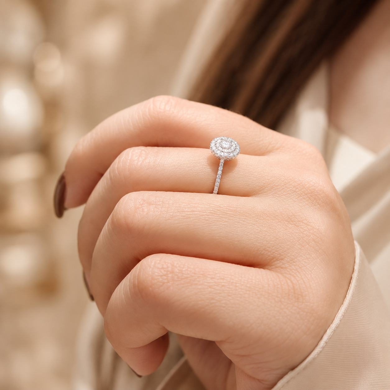 1.37 CT Round Hearts & Arrows Lab-Grown Diamond Double Halo Engagement Ring in 14K White Gold – Handmade Anniversary Design