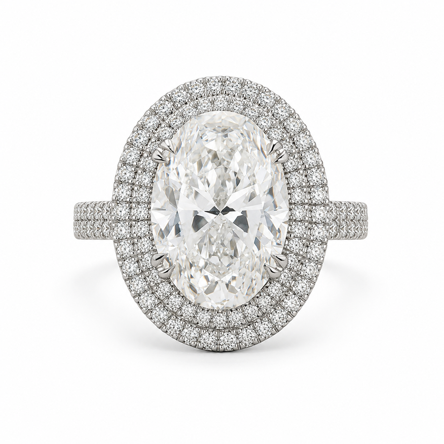 6.00 CT Oval Cut Lab-Grown Diamond Double Halo Engagement Ring in 14K White Gold – Antique Inspired Solitaire Design
