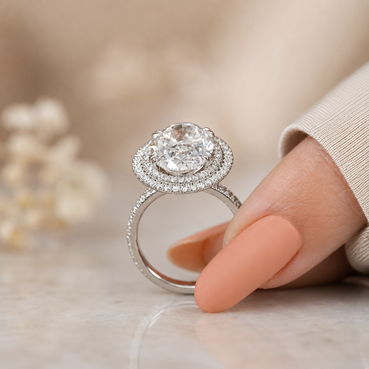 6.00 CT Oval Cut Lab-Grown Diamond Double Halo Engagement Ring in 14K White Gold – Antique Inspired Solitaire Design