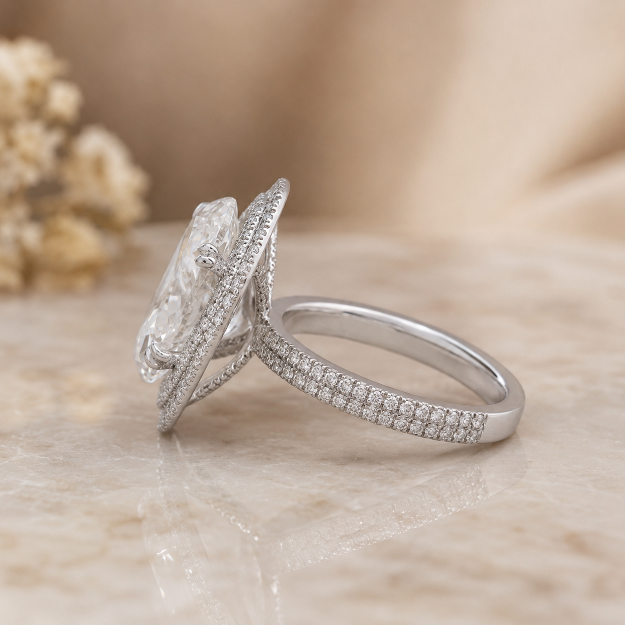 6.00 CT Oval Cut Lab-Grown Diamond Double Halo Engagement Ring in 14K White Gold – Antique Inspired Solitaire Design