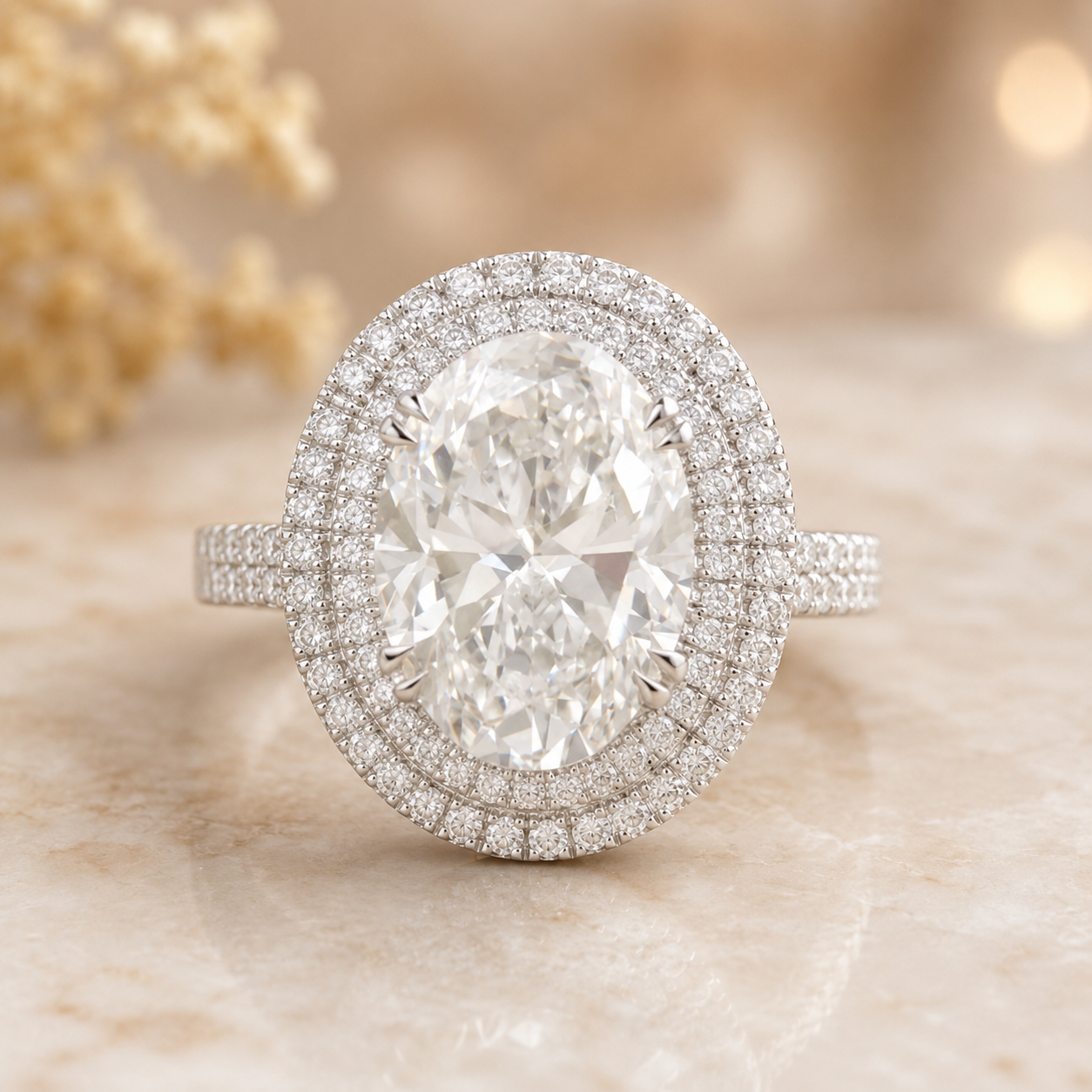 6.00 CT Oval Cut Lab-Grown Diamond Double Halo Engagement Ring in 14K White Gold – Antique Inspired Solitaire Design