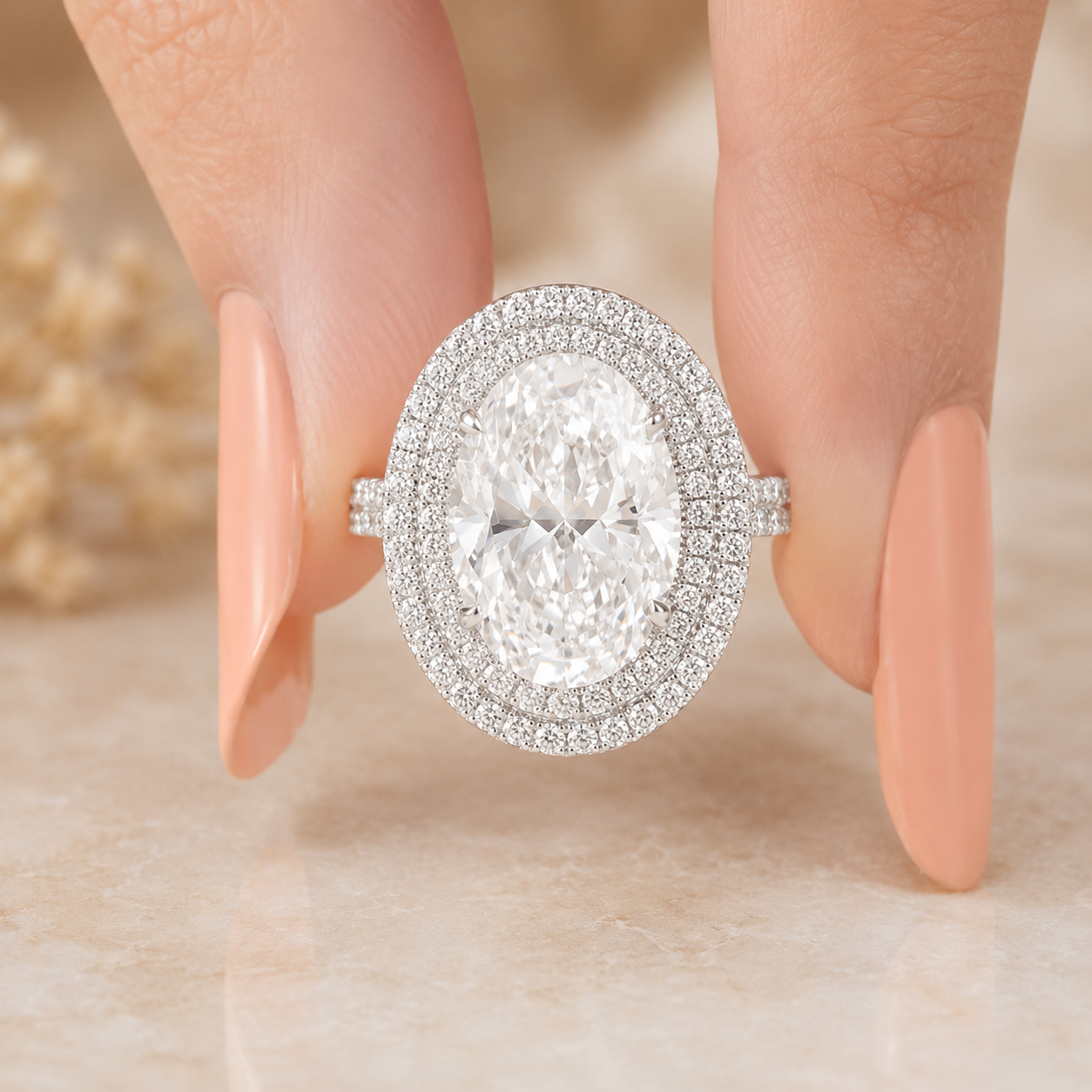 6.00 CT Oval Cut Lab-Grown Diamond Double Halo Engagement Ring in 14K White Gold – Antique Inspired Solitaire Design