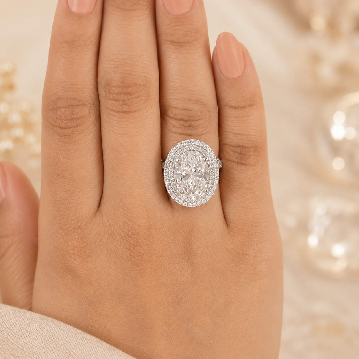 6.00 CT Oval Cut Lab-Grown Diamond Double Halo Engagement Ring in 14K White Gold – Antique Inspired Solitaire Design