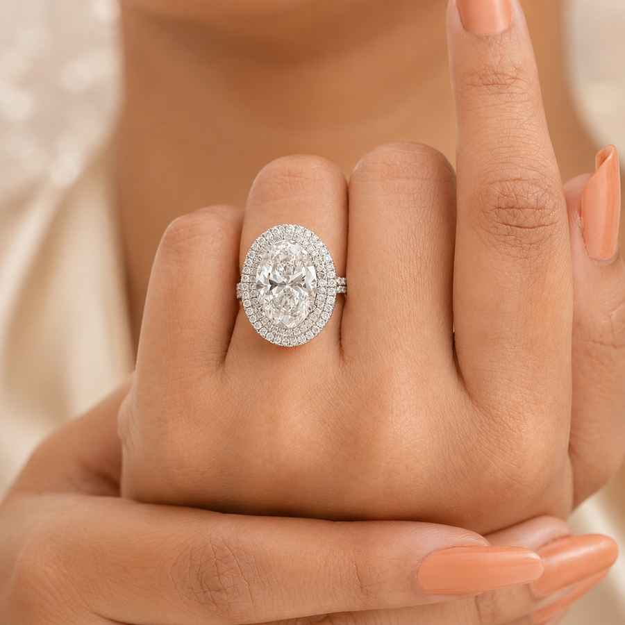 6.00 CT Oval Cut Lab-Grown Diamond Double Halo Engagement Ring in 14K White Gold – Antique Inspired Solitaire Design