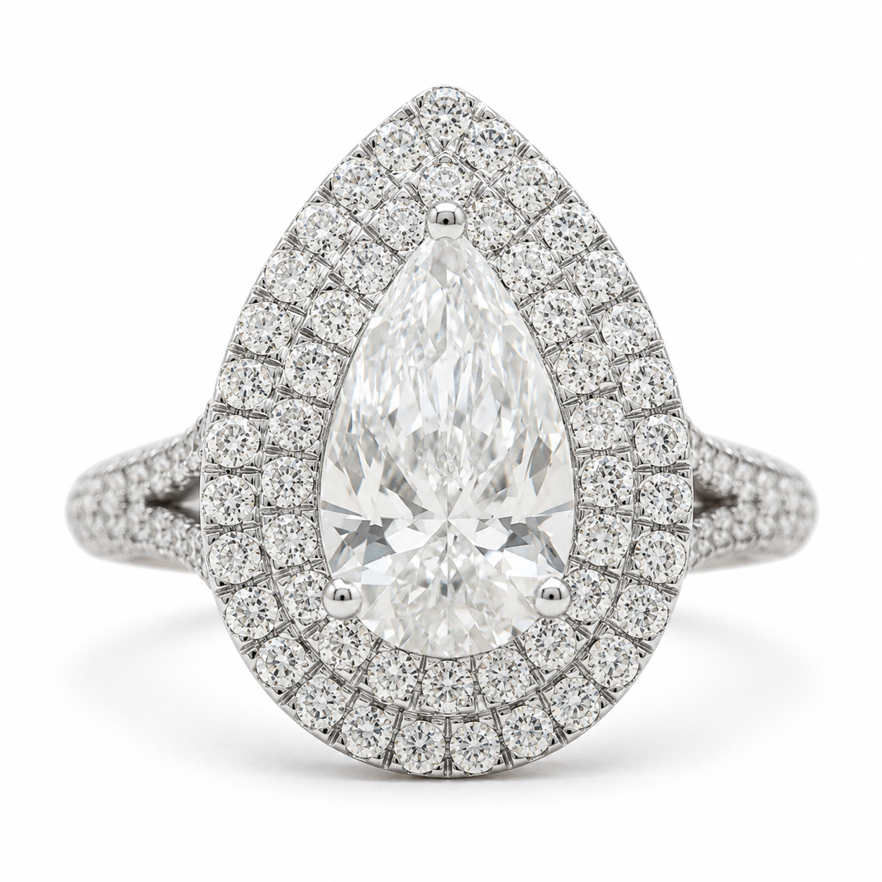 2.00 CT Pear Shaped Lab-Grown Diamond Double Halo Engagement Ring in 14K White Gold – Pavé Bridal Statement Design