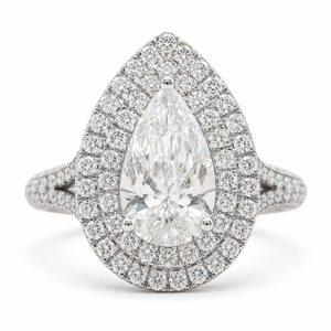 2.00 CT Pear Shaped Lab-Grown Diamond Double Halo Engagement Ring in 14K White Gold – Pavé Bridal Statement Design