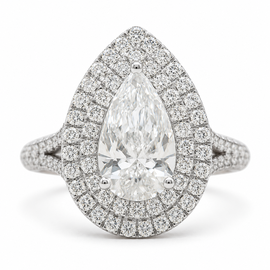 2.00 CT Pear Shaped Lab-Grown Diamond Double Halo Engagement Ring in 14K White Gold – Pavé Bridal Statement Design