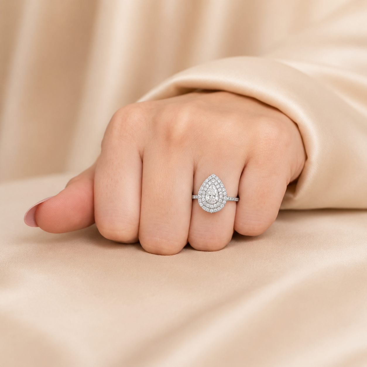 2.00 CT Pear Shaped Lab-Grown Diamond Double Halo Engagement Ring in 14K White Gold – Pavé Bridal Statement Design