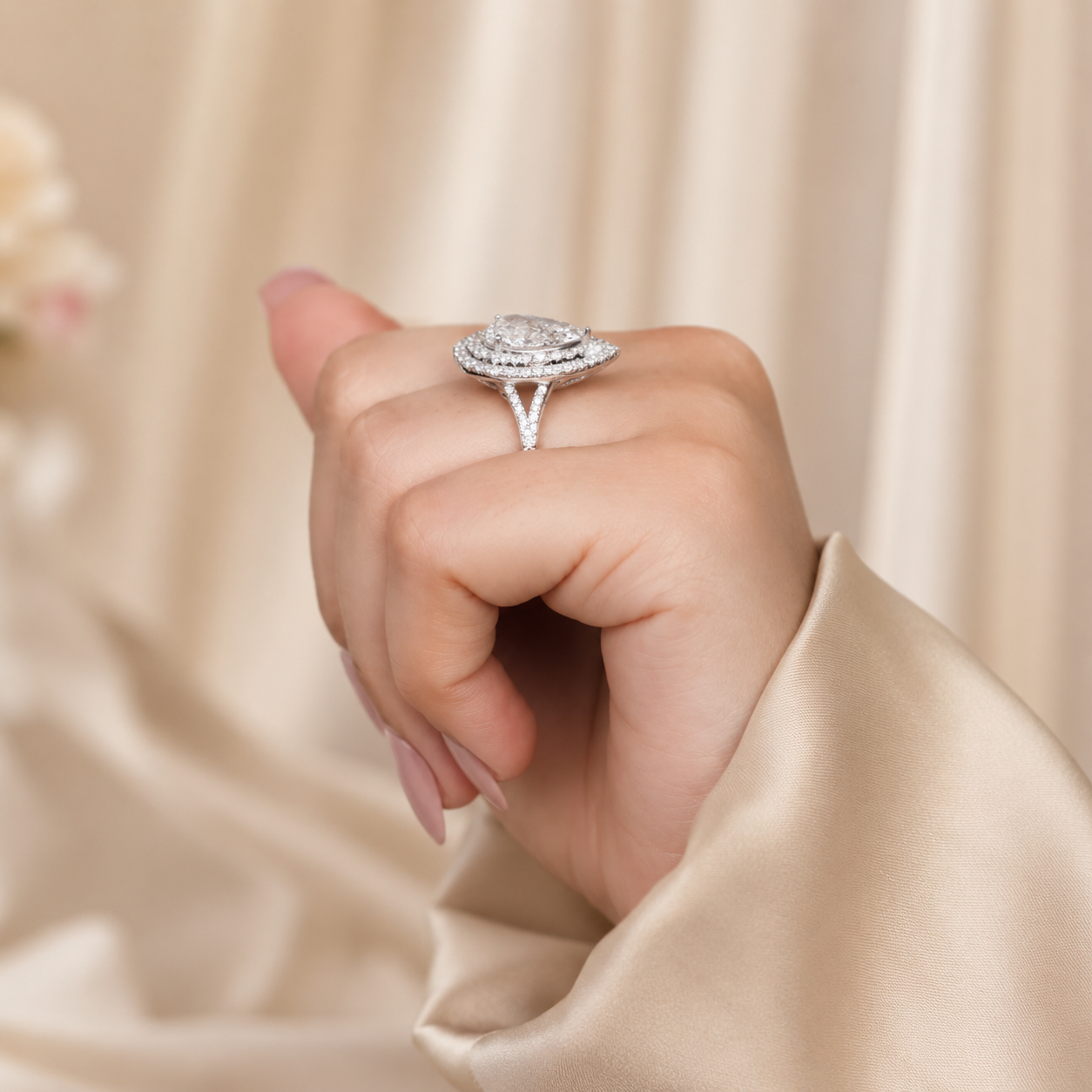 2.00 CT Pear Shaped Lab-Grown Diamond Double Halo Engagement Ring in 14K White Gold – Pavé Bridal Statement Design