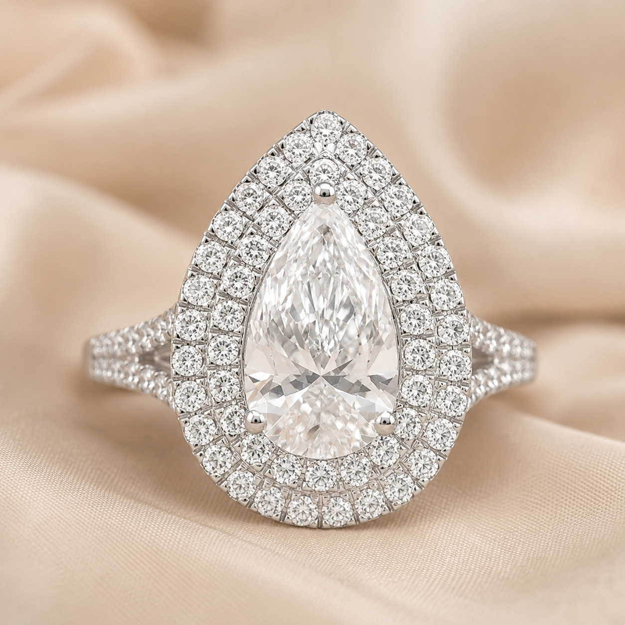 2.00 CT Pear Shaped Lab-Grown Diamond Double Halo Engagement Ring in 14K White Gold – Pavé Bridal Statement Design
