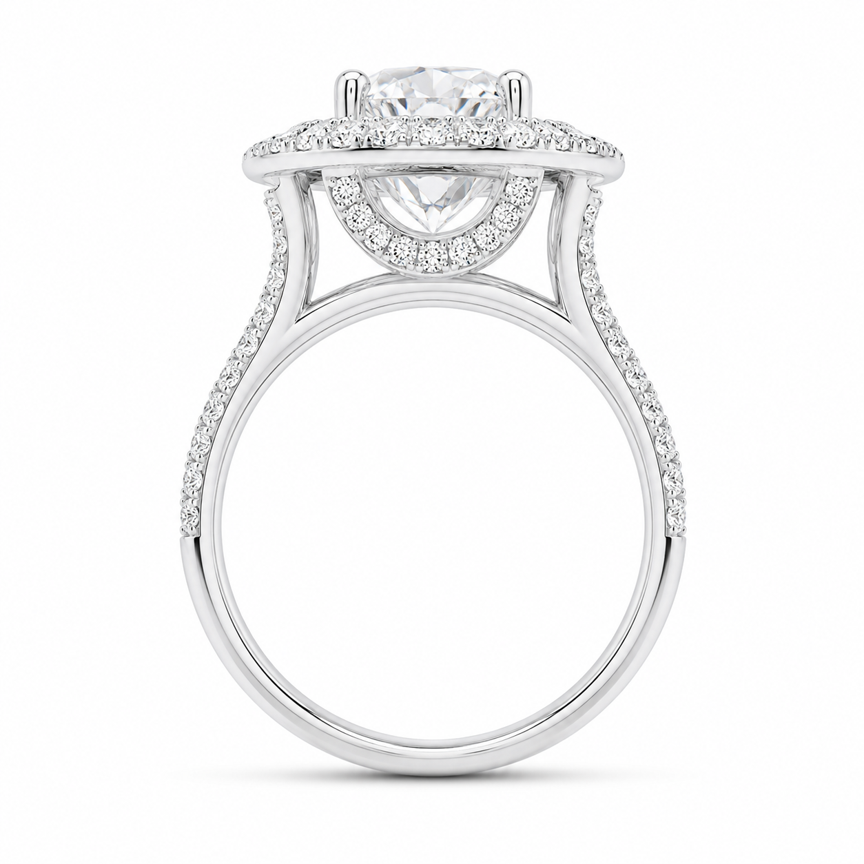 4.00 CT Round Cut Lab-Grown Diamond Double Halo Engagement Ring Set in 14K White Gold – Cushion Halo Bridal Design with Double Half Eternity Bands